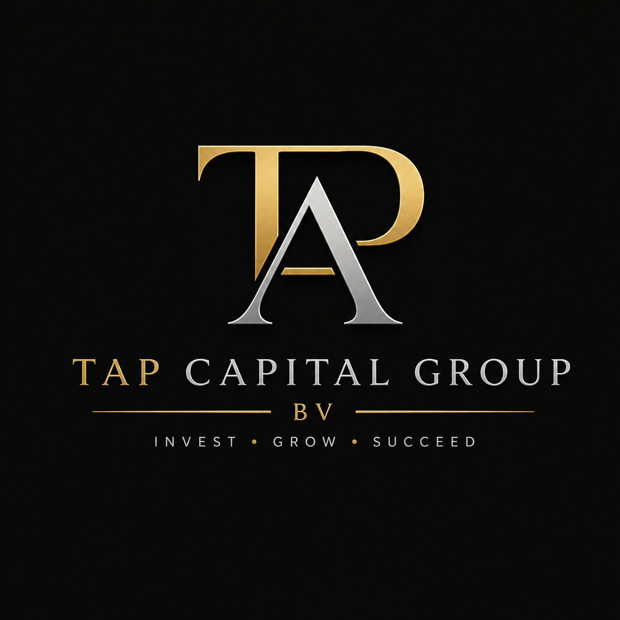 Gouden en zilveren bedrijfslogo met letter A en tekst Tap Capital Group BV op zwarte achtergrond.
